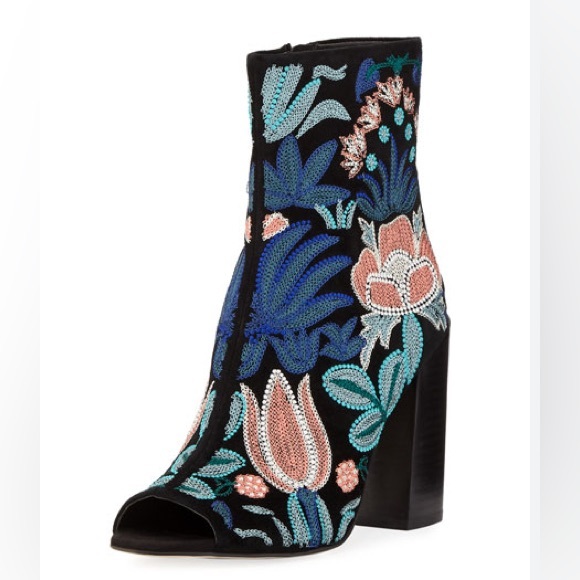 Rebecca Minkoff “Billie” Embroidered Open Toe Suede Booties Size 7.5 - Picture 3 of 14